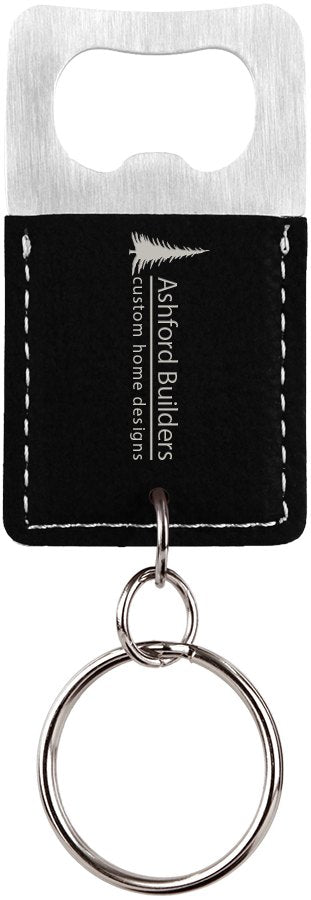 Engraved Rectangle Leatherette Bottle Opener Keychain - Black/Silver