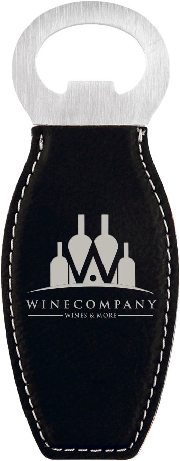 Engraved Leatherette Bottle Opener with Magnet - Black/Silver