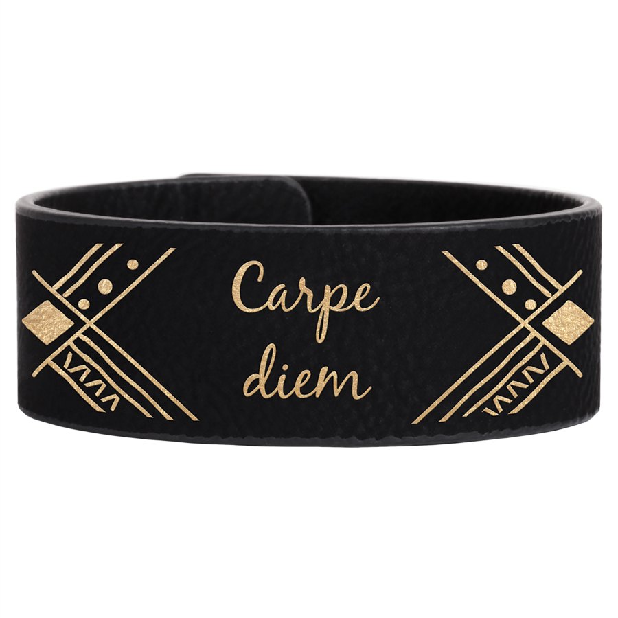 Engraved Leatherette Cuff Bracelet - Black/Gold