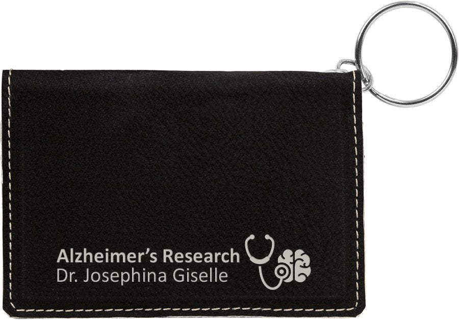 Engraved Leatherette Keychain ID Holder - Black/Silver