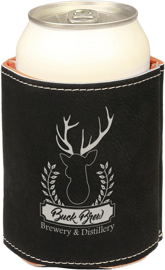Engraved Leatherette Beverage Holder - Black/Silver