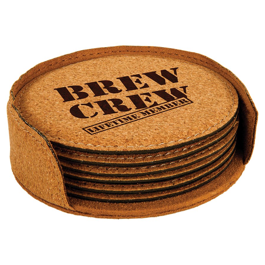 Engraved Round Leatherette 6-Coaster Set - Cork