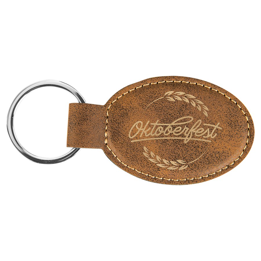 Engraved Leatherette Oval Keychain - Rustic/Gold