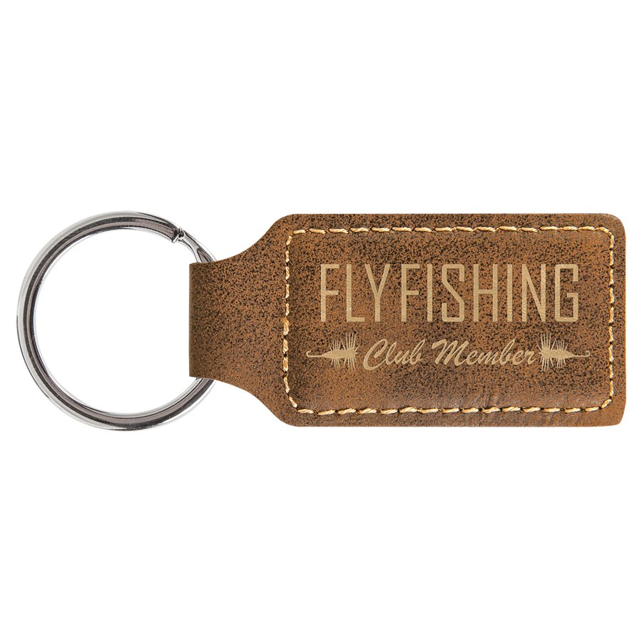 Engraved Leatherette Rectangle Keychain - Rustic/Gold