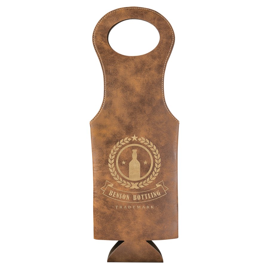 Engraved Leatherette Wine Bag - Rustic/Gold