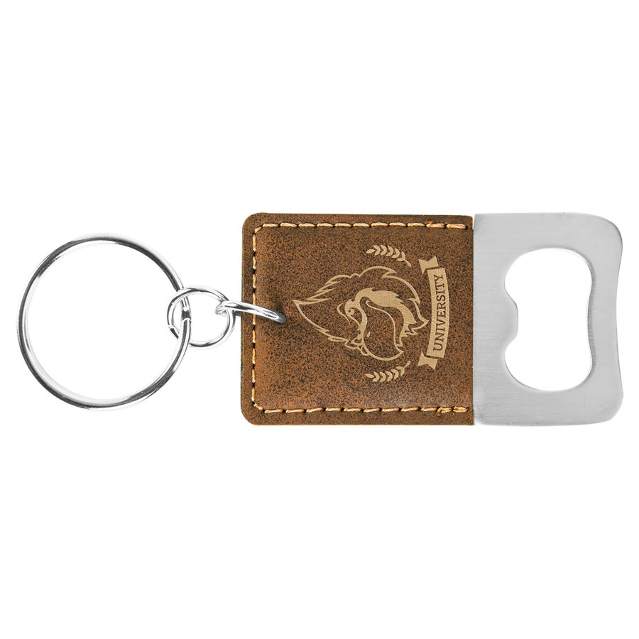 Engraved Rectangle Leatherette Bottle Opener Keychain - Rustic/Gold