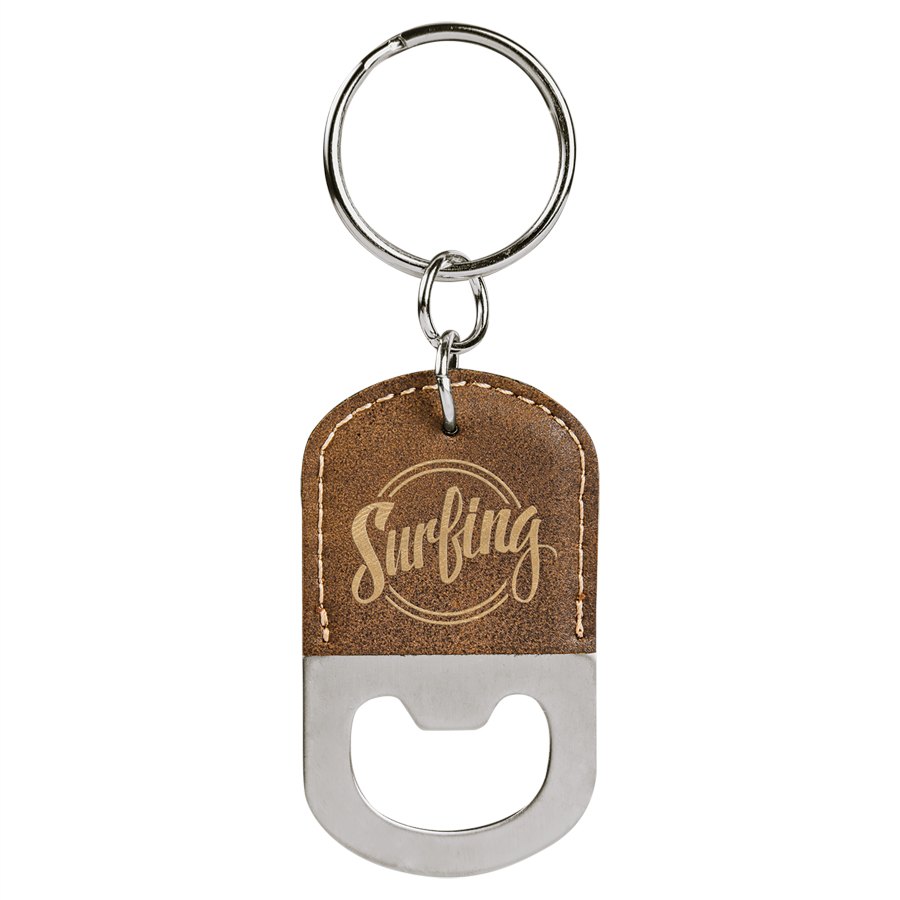 Engraved Oval Leatherette Bottle Opener Keychain - Rustic/Gold