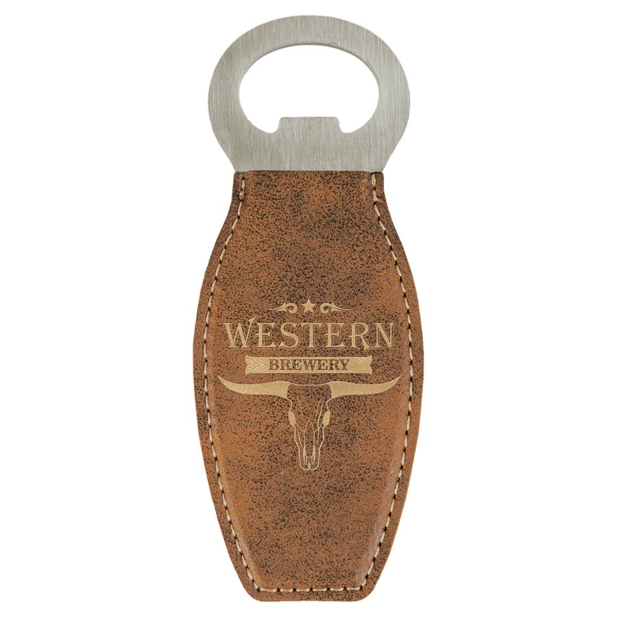 Engraved Leatherette Bottle Opener with Magnet - Rustic/Gold