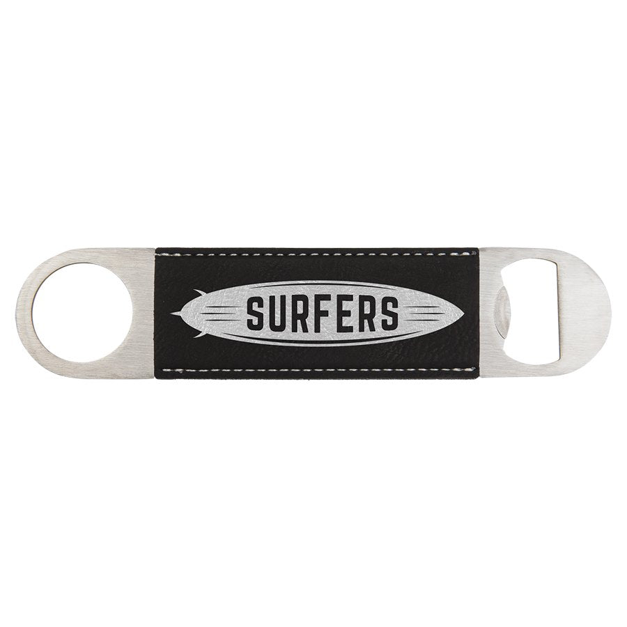 Engraved Leatherette Bottle Opener - Black/Silver