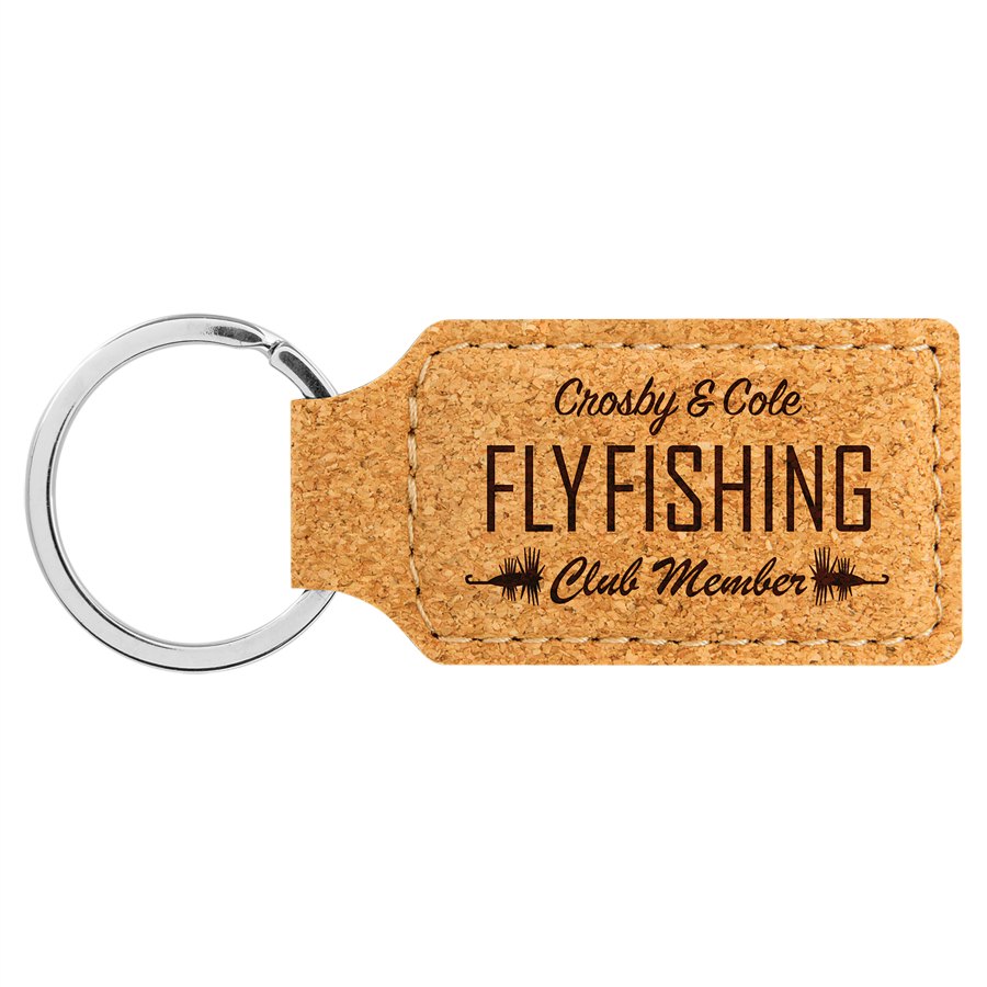 Engraved Leatherette Rectangle Keychain - Cork