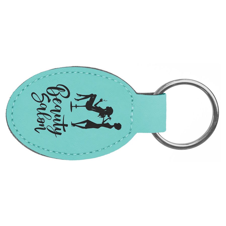 Engraved Leatherette Oval Keychain - Teal