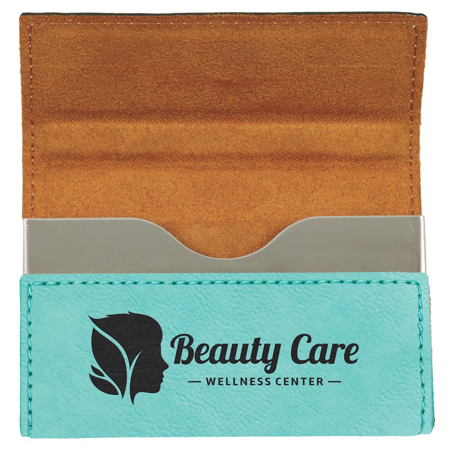 Engraved Leatherette Hard Business Card Holder - Teal