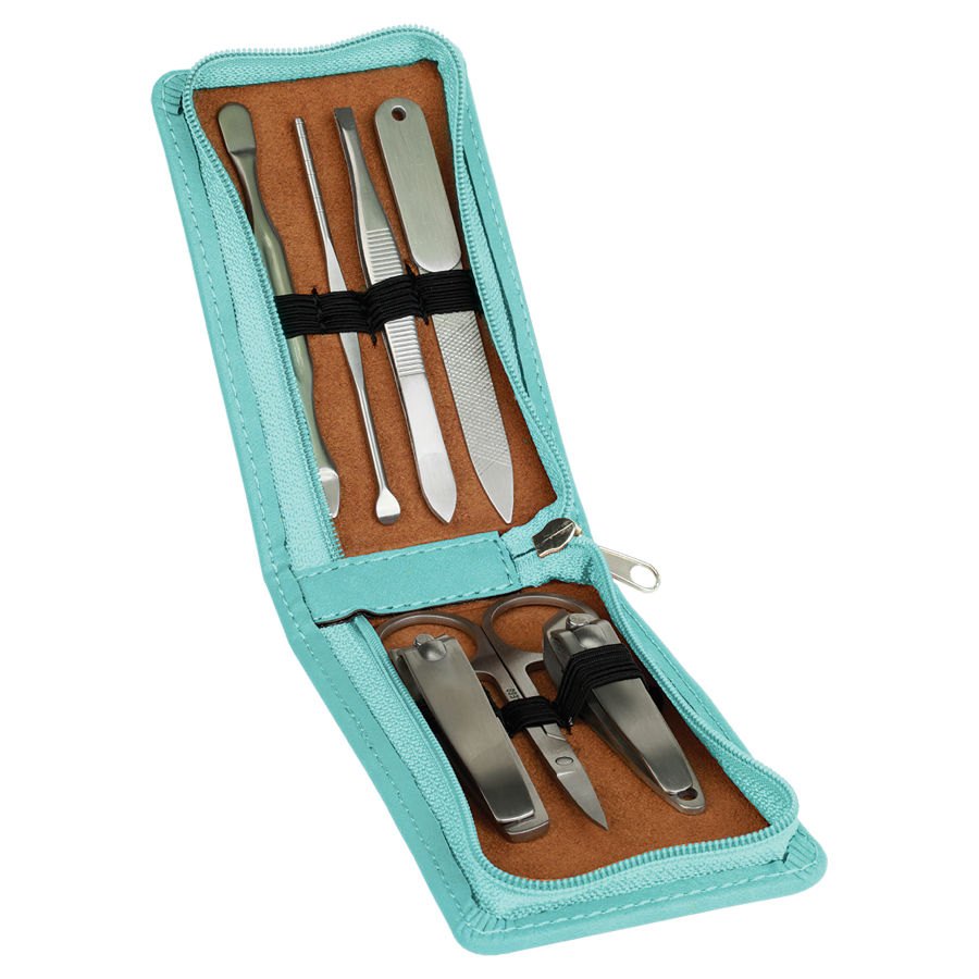 Engraved 7-Piece Leatherette Manicure Gift Set - Teal