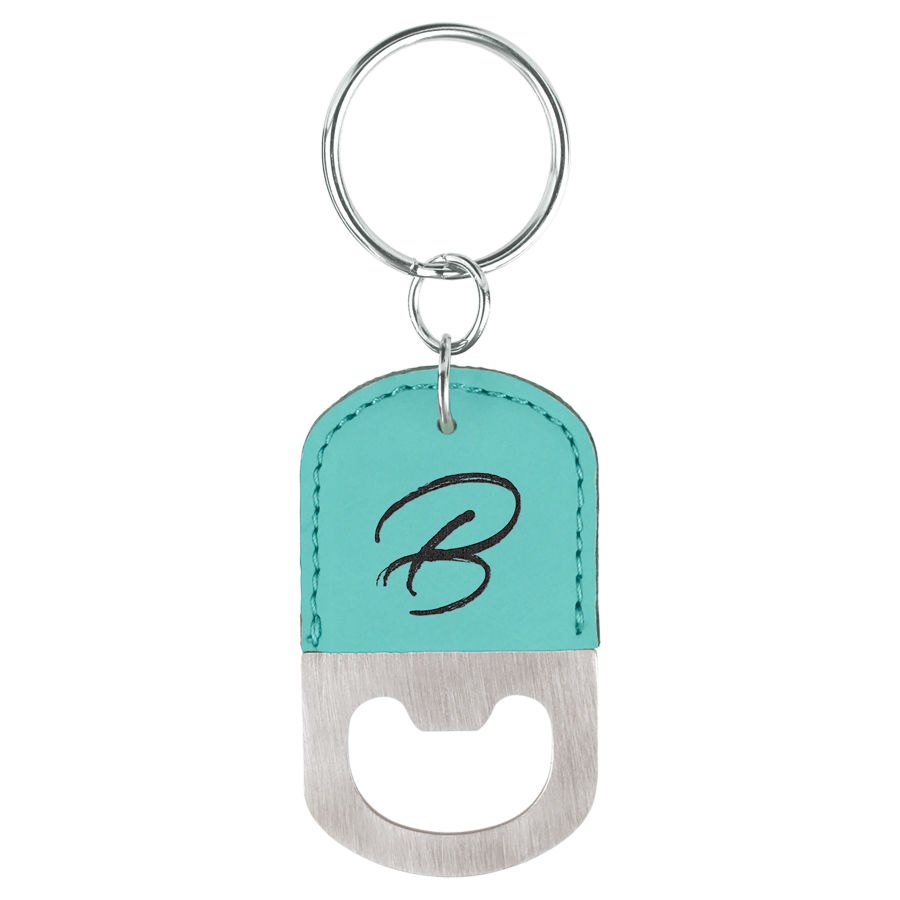Engraved Oval Leatherette Bottle Opener Keychain - Teal