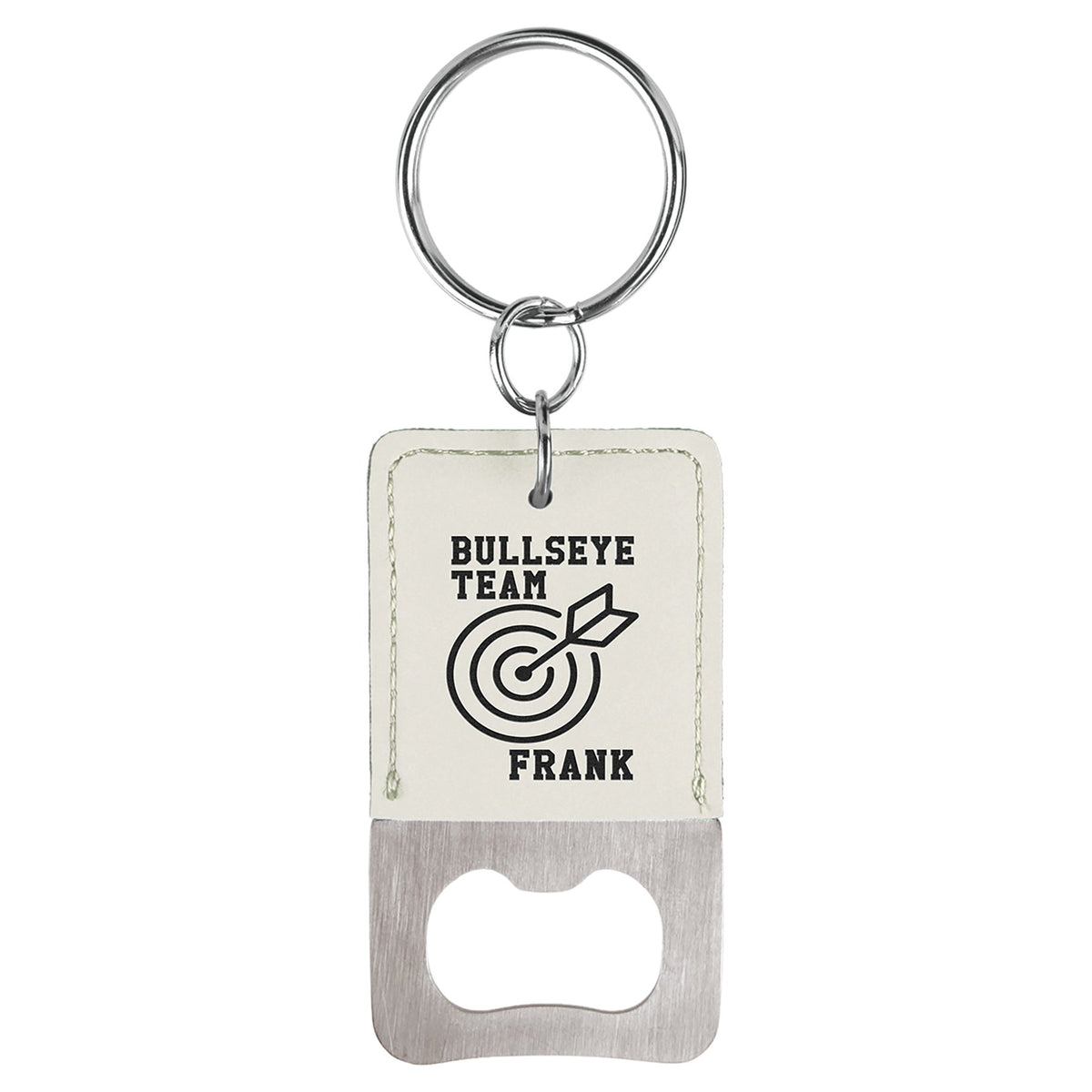 Engraved Rectangle Leatherette Bottle Opener Keychain - White