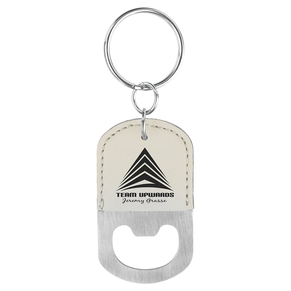 Engraved Oval Leatherette Bottle Opener Keychain - White