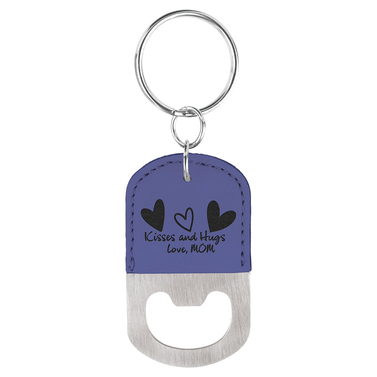 Engraved Oval Leatherette Bottle Opener Keychain - Purple