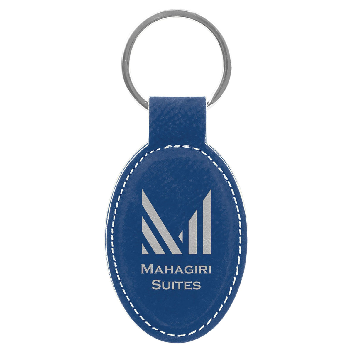Engraved Leatherette Oval Keychain - Blue/Silver