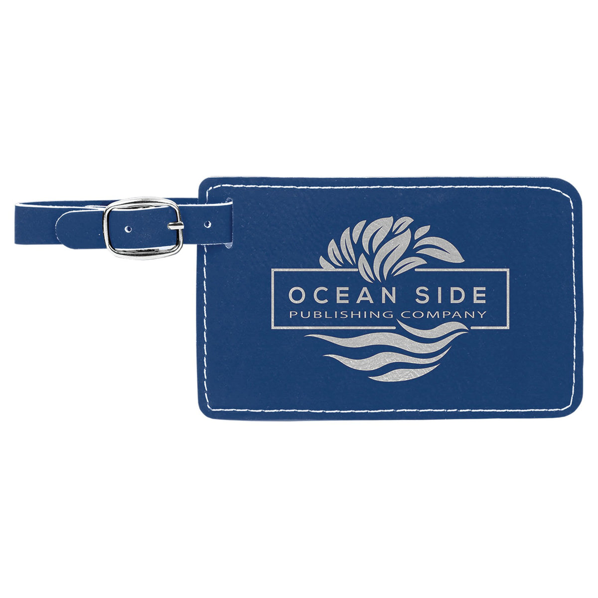 Engraved Leatherette Luggage Tag - Blue/Silver