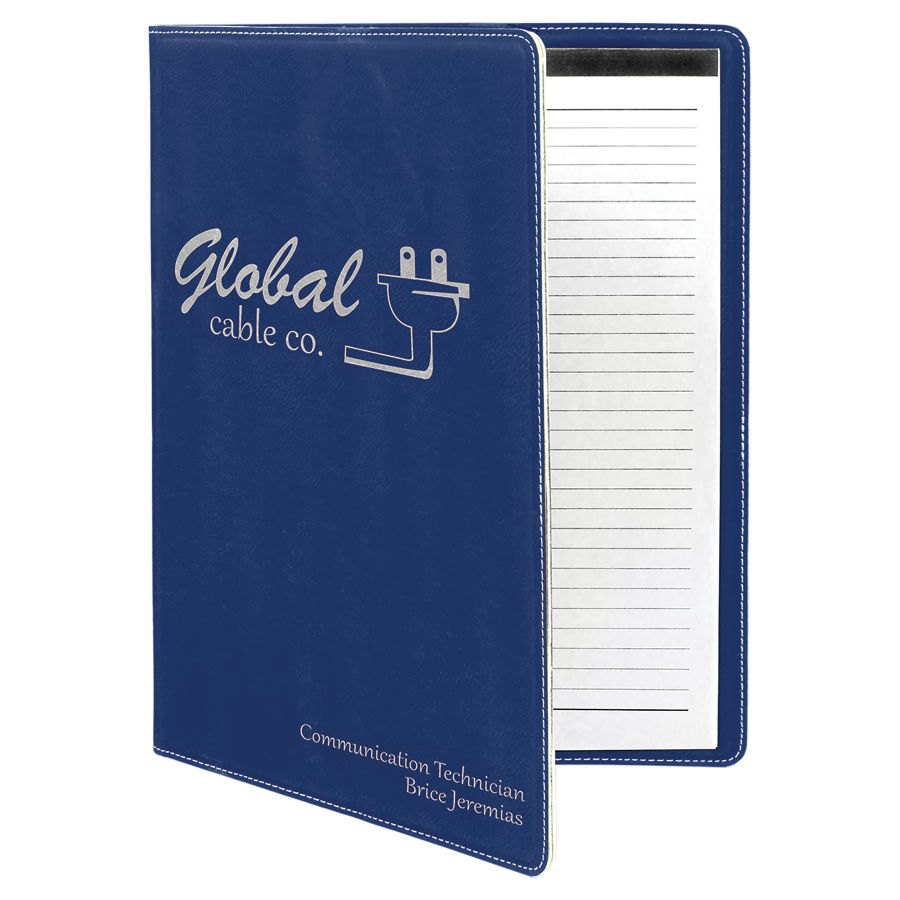 Engraved Leatherette Portfolio with Notepad - Blue/Silver / Large (9 1/2 x 12 in)