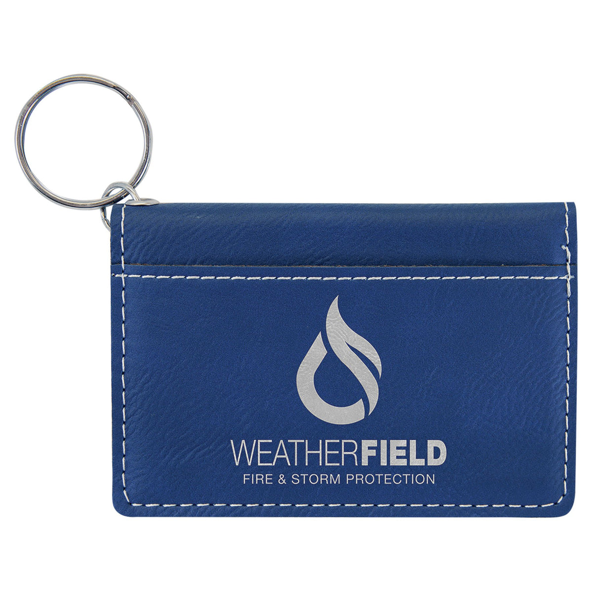 Engraved Leatherette Keychain ID Holder - Blue/Silver