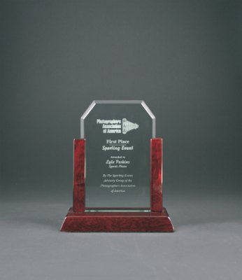 Engraved Gateway Jade Clip Corner Glass Award with Rosewood Finish Base - 7 in