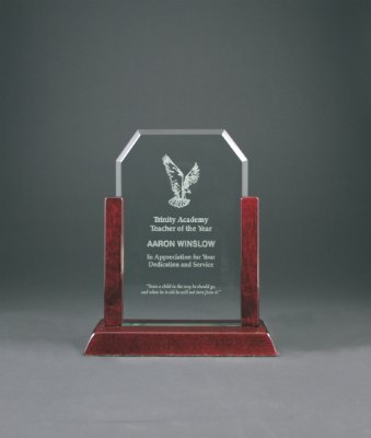 Engraved Gateway Jade Clip Corner Glass Award with Rosewood Finish Base - 8 in