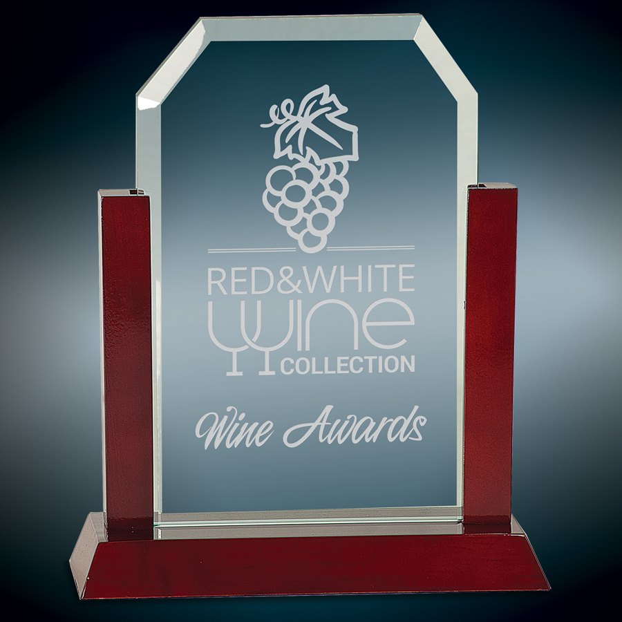 Engraved Gateway Jade Clip Corner Glass Award with Rosewood Finish Base - 9 in