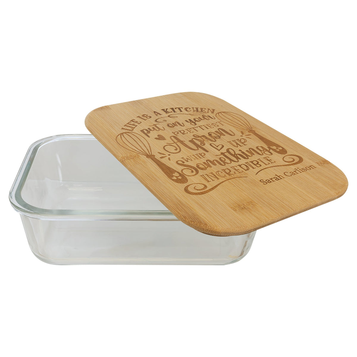 Engraved Rectangle Glass Container with Bamboo Lid - 50 oz