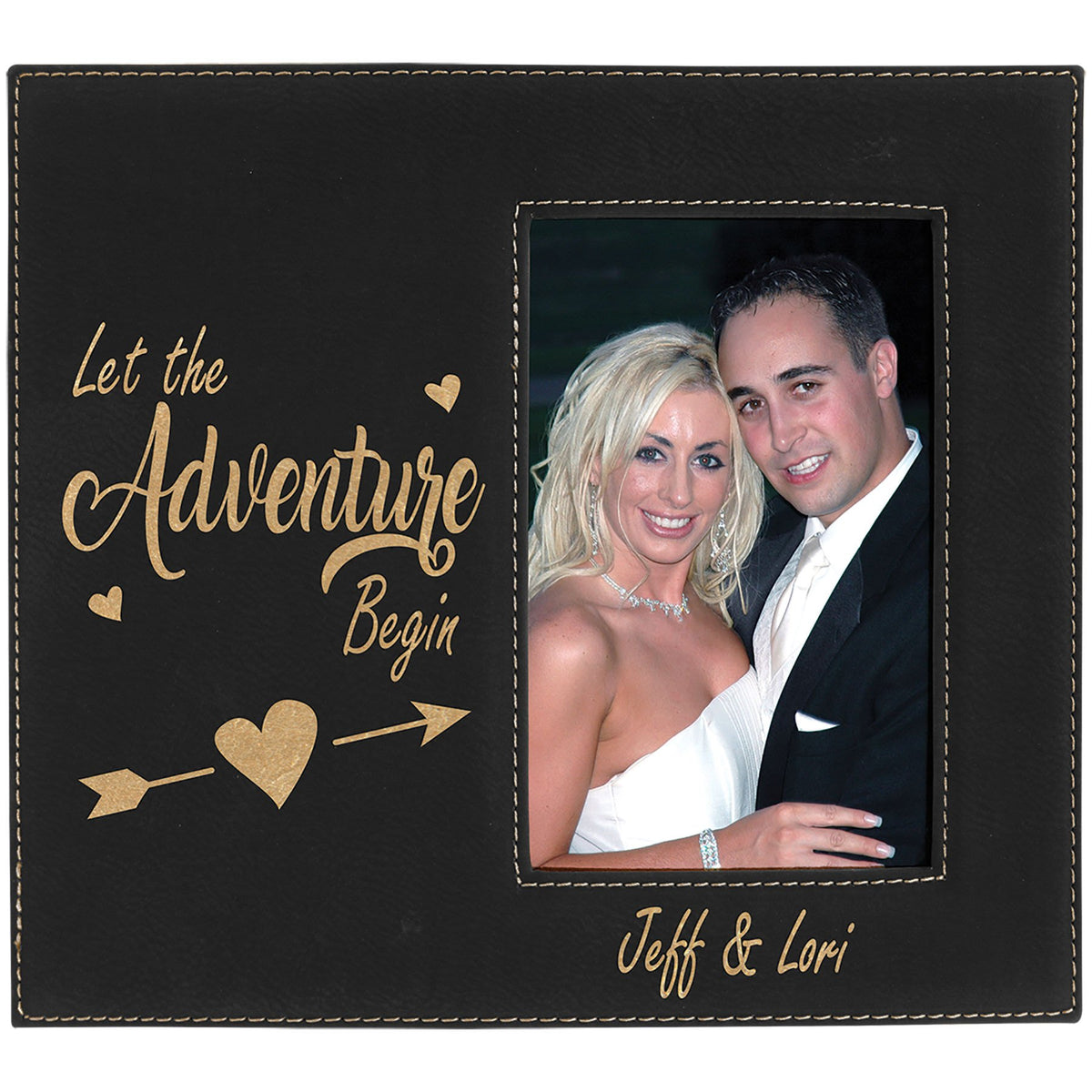 Engraved Leatherette Photo Frame with Personalization Area - Black/Gold / 4 x 6 in