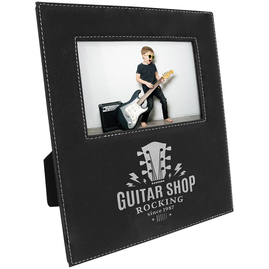Engraved Leatherette Photo Frame with Personalization Area - Black/Silver / 4 x 6 in