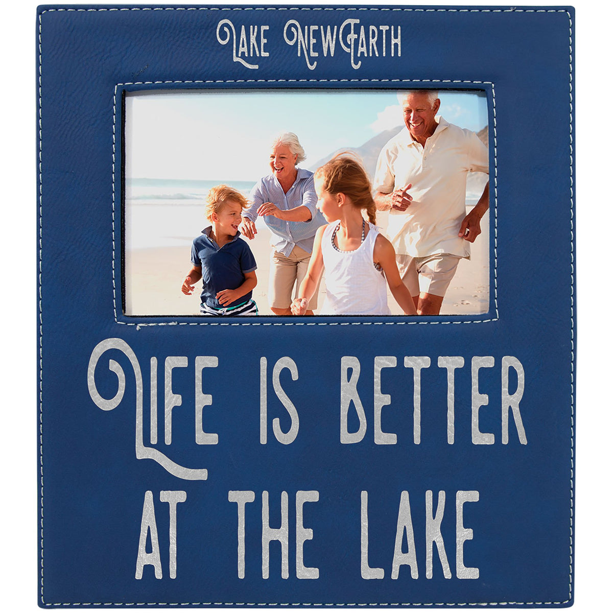 Engraved Leatherette Photo Frame with Personalization Area - Blue/Silver / 4 x 6 in