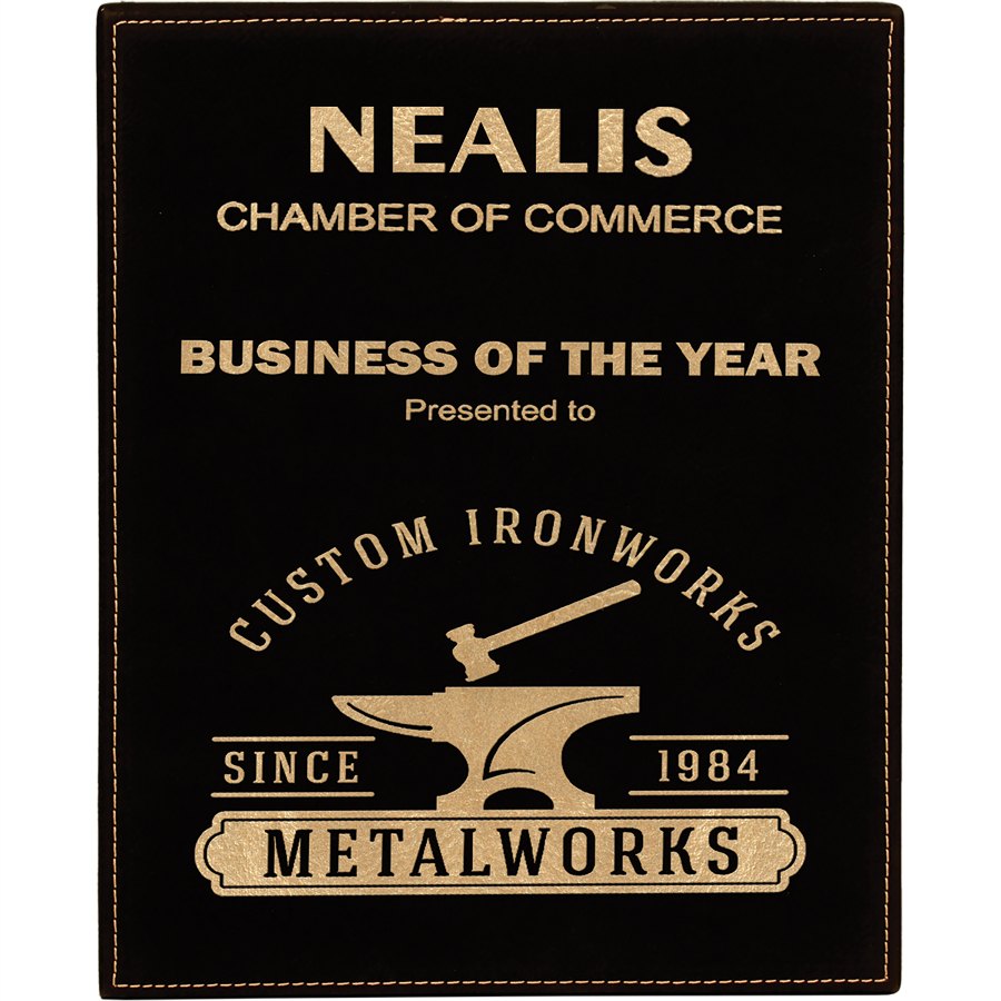 Engraved Leatherette Plaque - Black/Gold / 10 1/2 x 13 in