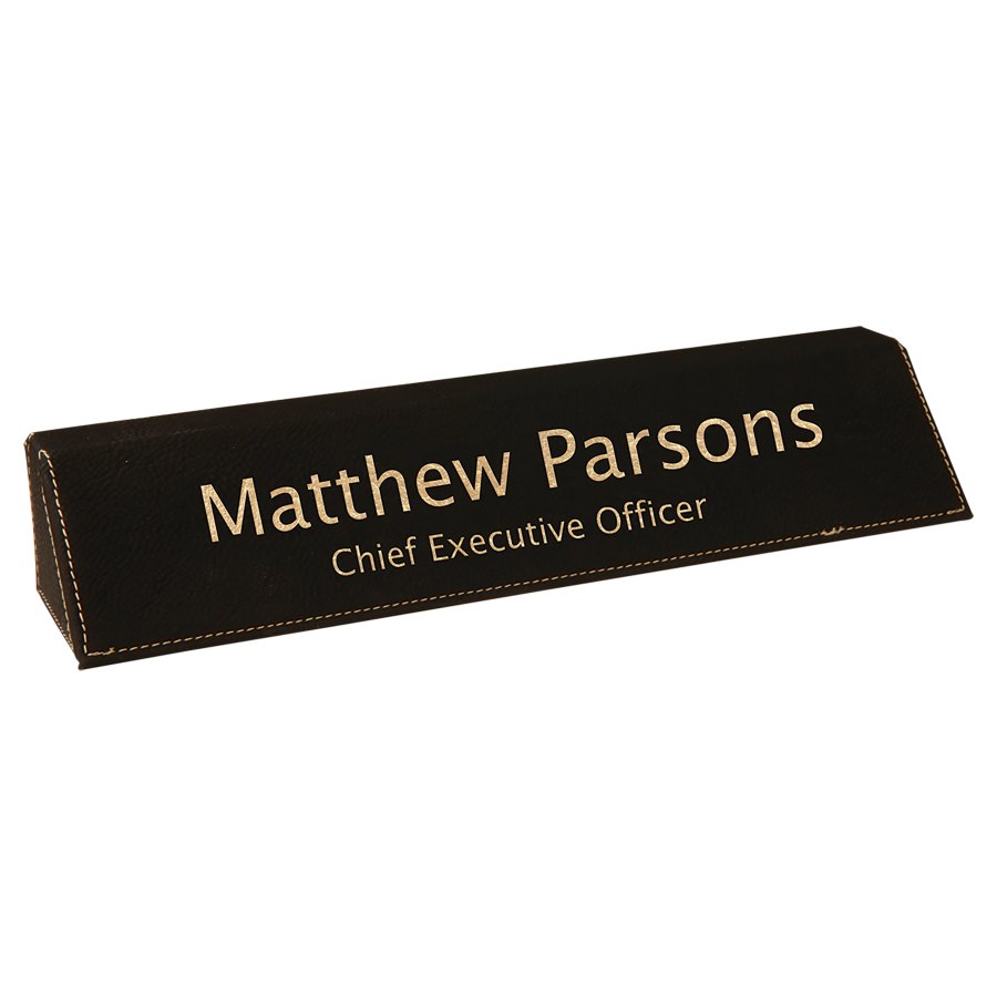 Engraved Leatherette Desk Wedge - Black/Gold / 10 1/2 in