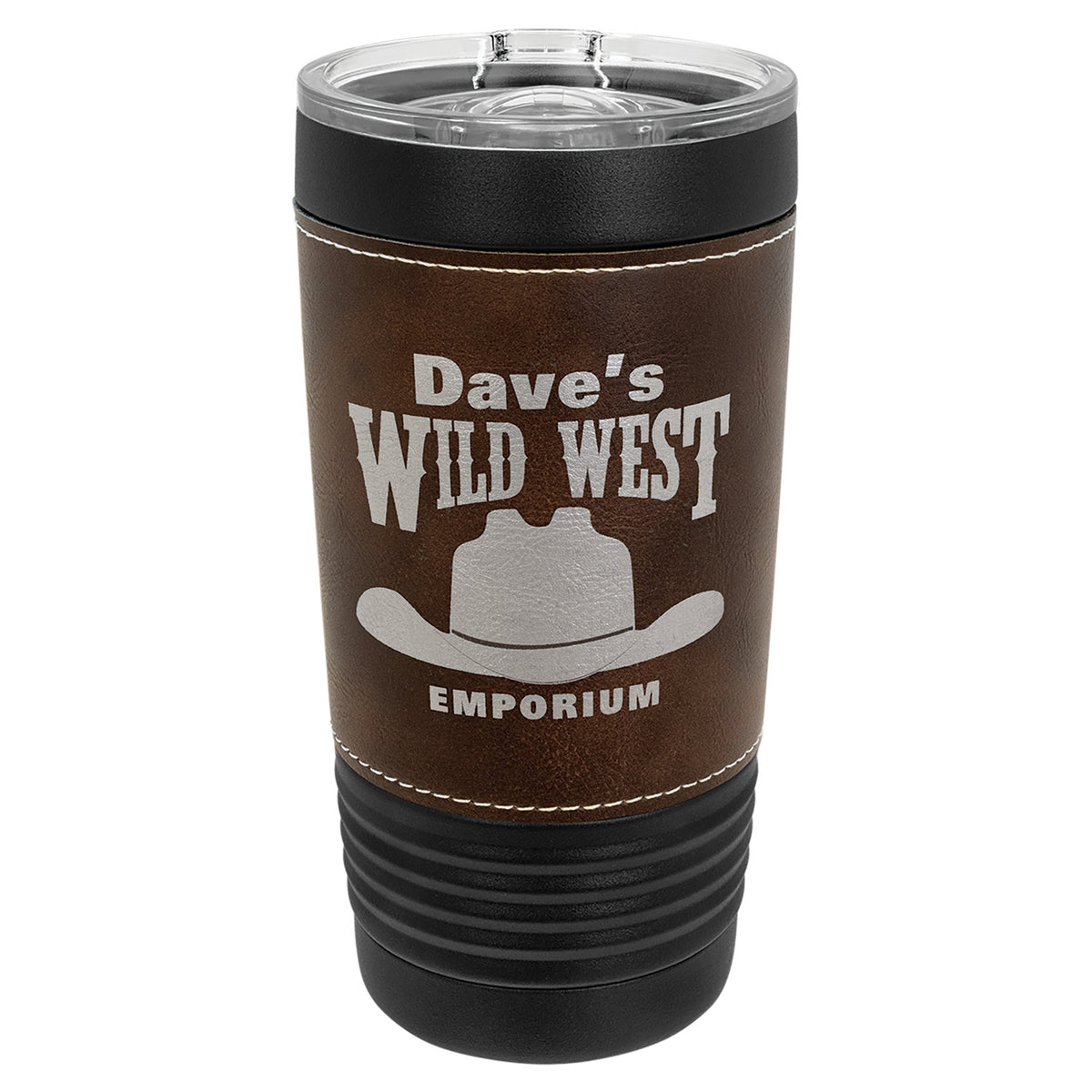 Engraved Polar Camel Black Tumbler with Leatherette Wrap and Slider Lid - Rustic
