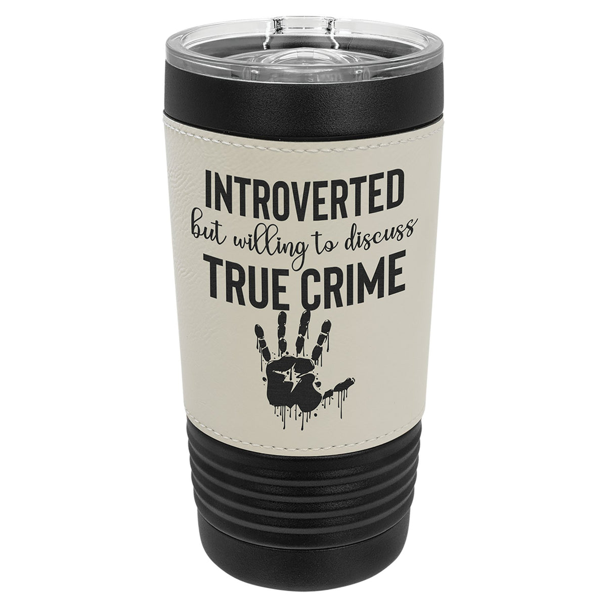 Engraved Polar Camel Black Tumbler with Leatherette Wrap and Slider Lid - White