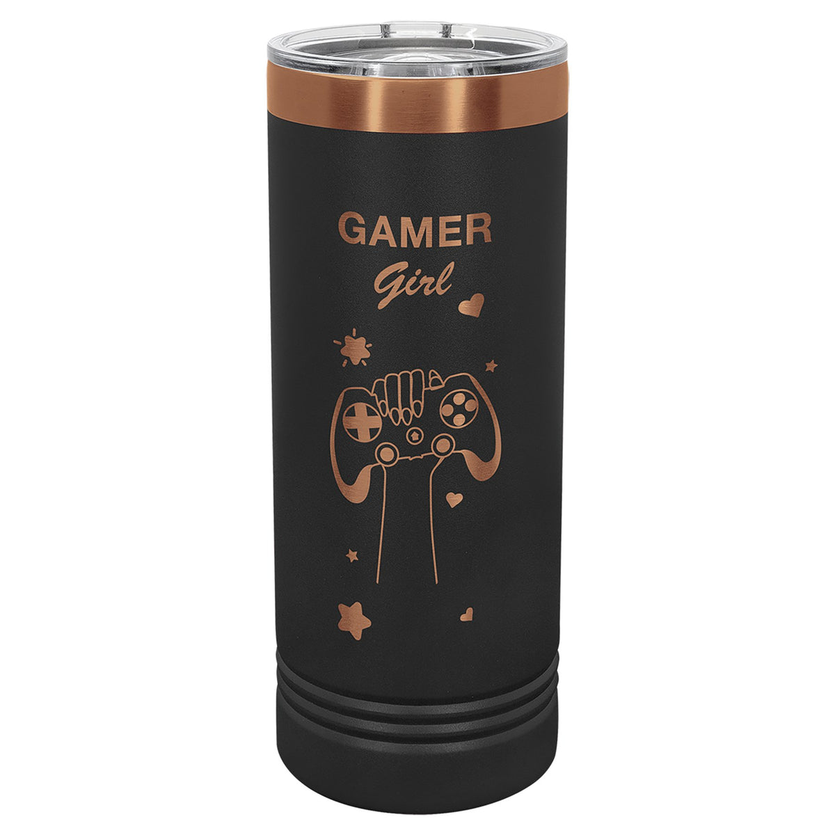 Engraved Polar Camel 22 oz Skinny Tumbler with Slider Lid - Black/Rose Gold