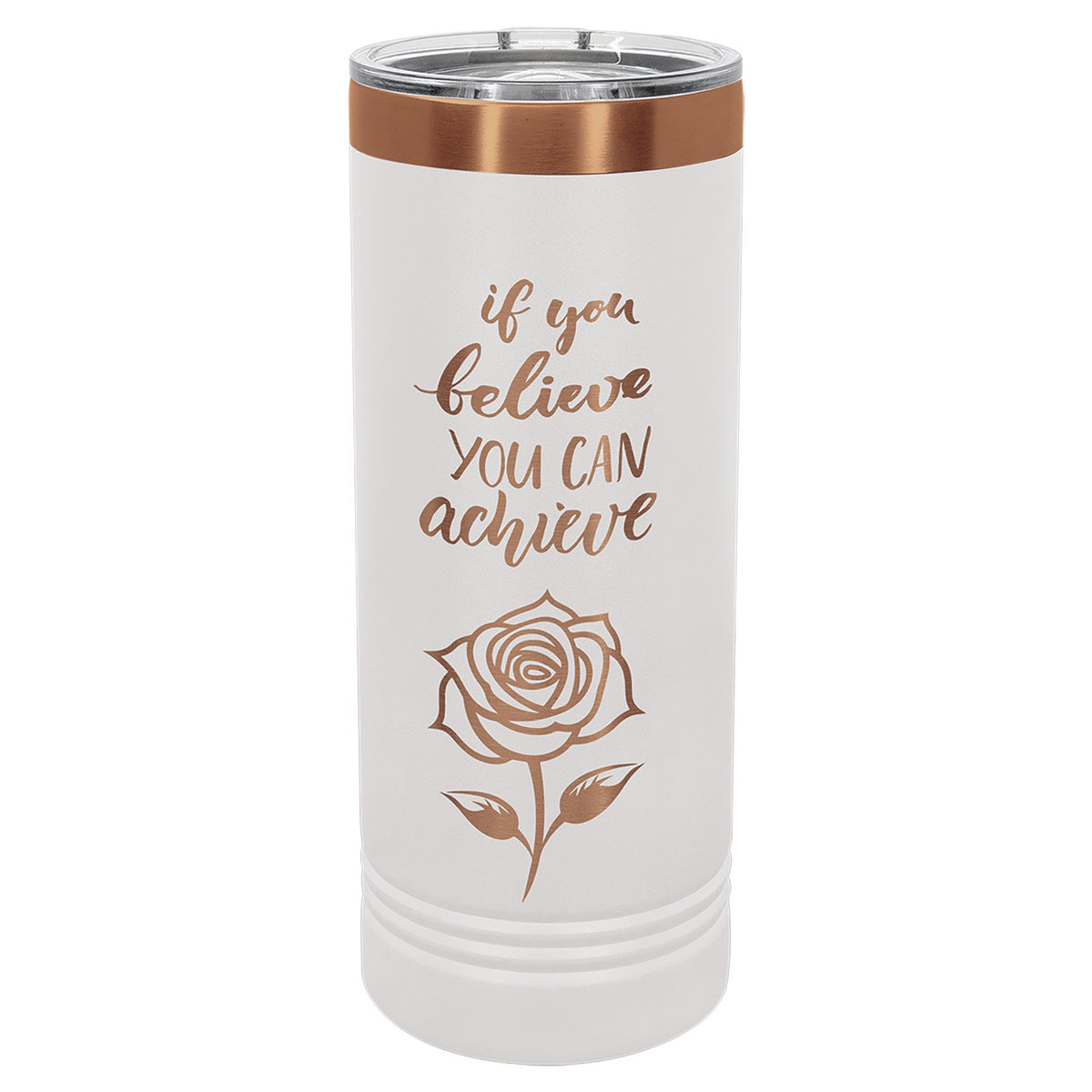 Engraved Polar Camel 22 oz Skinny Tumbler with Slider Lid - White/Rose Gold