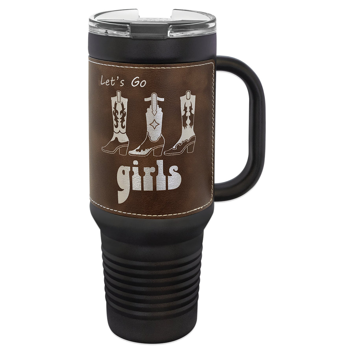 Engraved Polar Camel 40 oz Travel Mug with Leatherette Wrap, Handle and Straw - Rustic/Silver