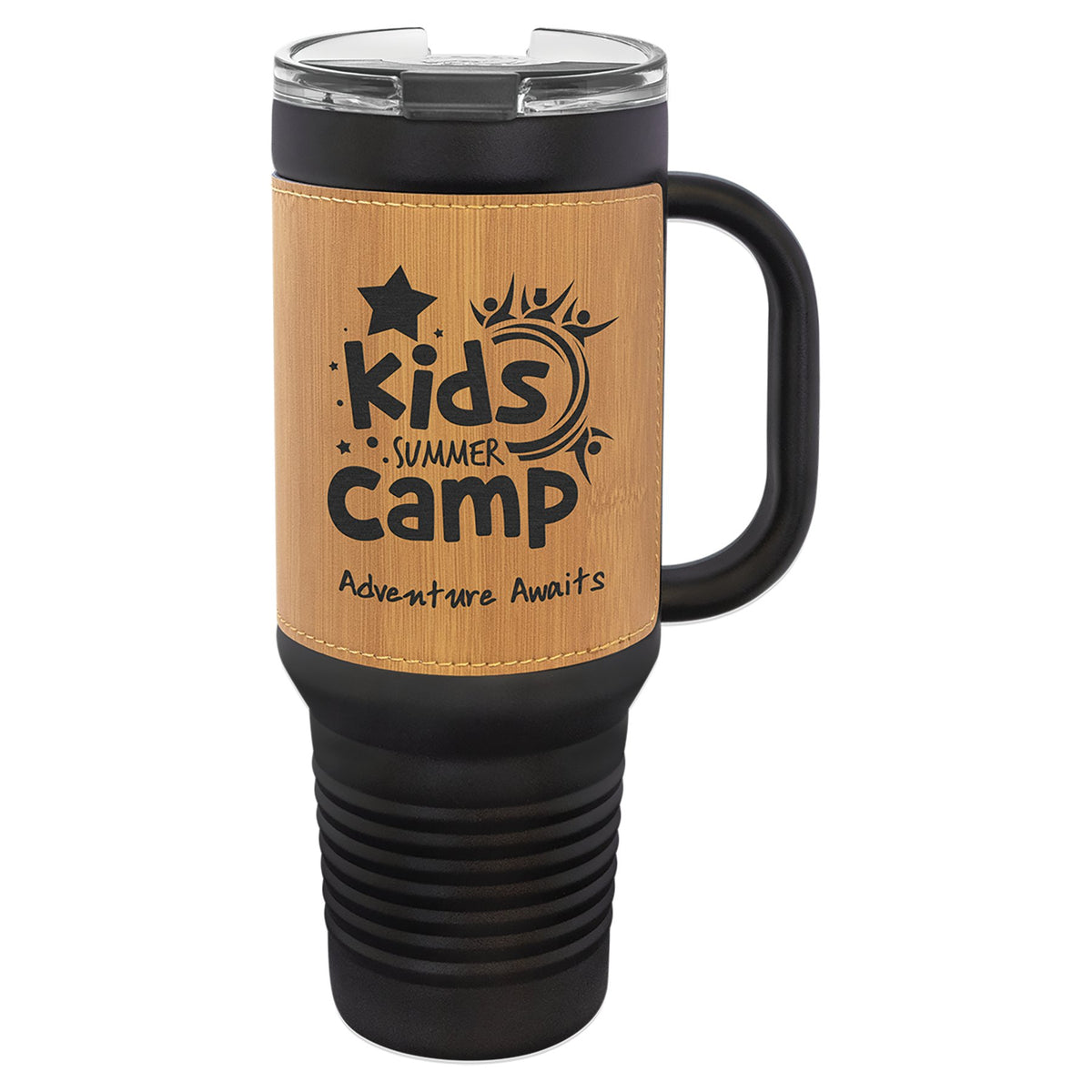 Engraved Polar Camel 40 oz Travel Mug with Leatherette Wrap, Handle and Straw - Bamboo