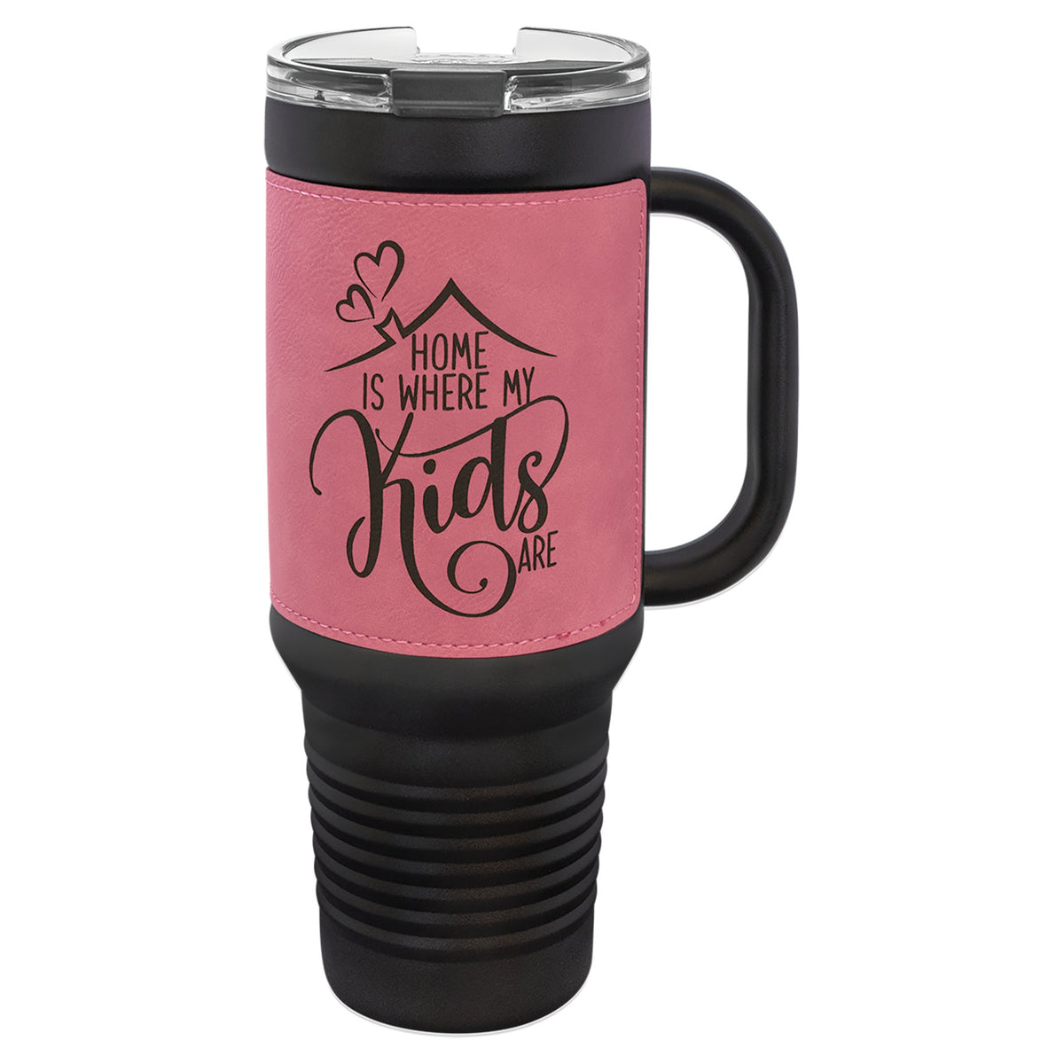 Engraved Polar Camel 40 oz Travel Mug with Leatherette Wrap, Handle and Straw - Pink