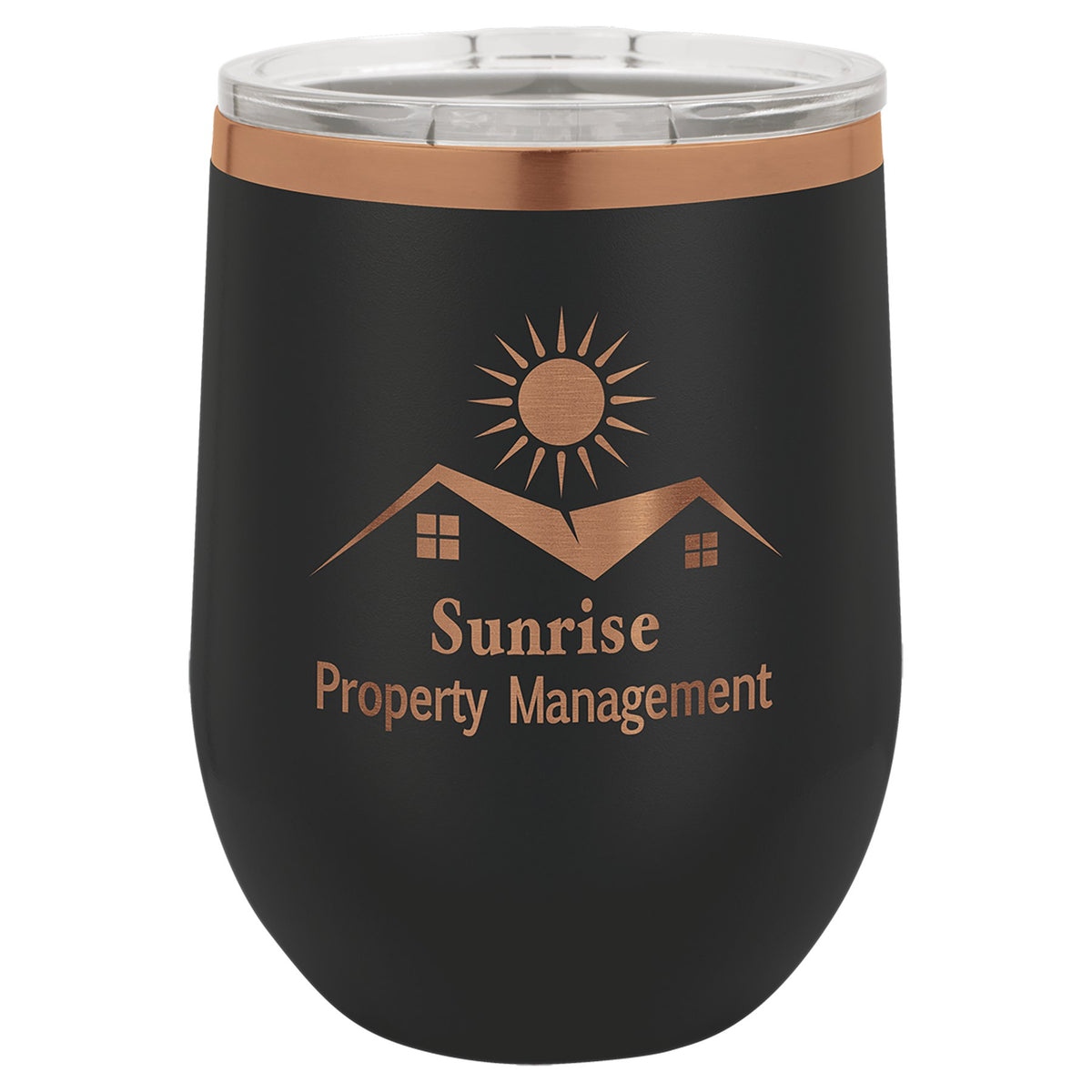 Engraved Polar Camel Stemless Wine Tumbler with Lid - Black/Rose Gold / 12 oz