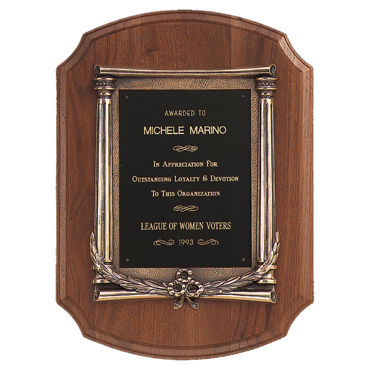 Engraved American Walnut Notch Corner Plaque with Antique Bronze Frame and Black Brass Plate
