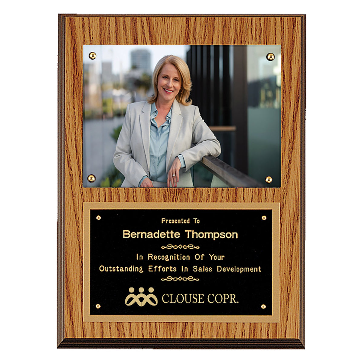 Engraved American Oak Finish Photo Plaque with Black Brass Plates
