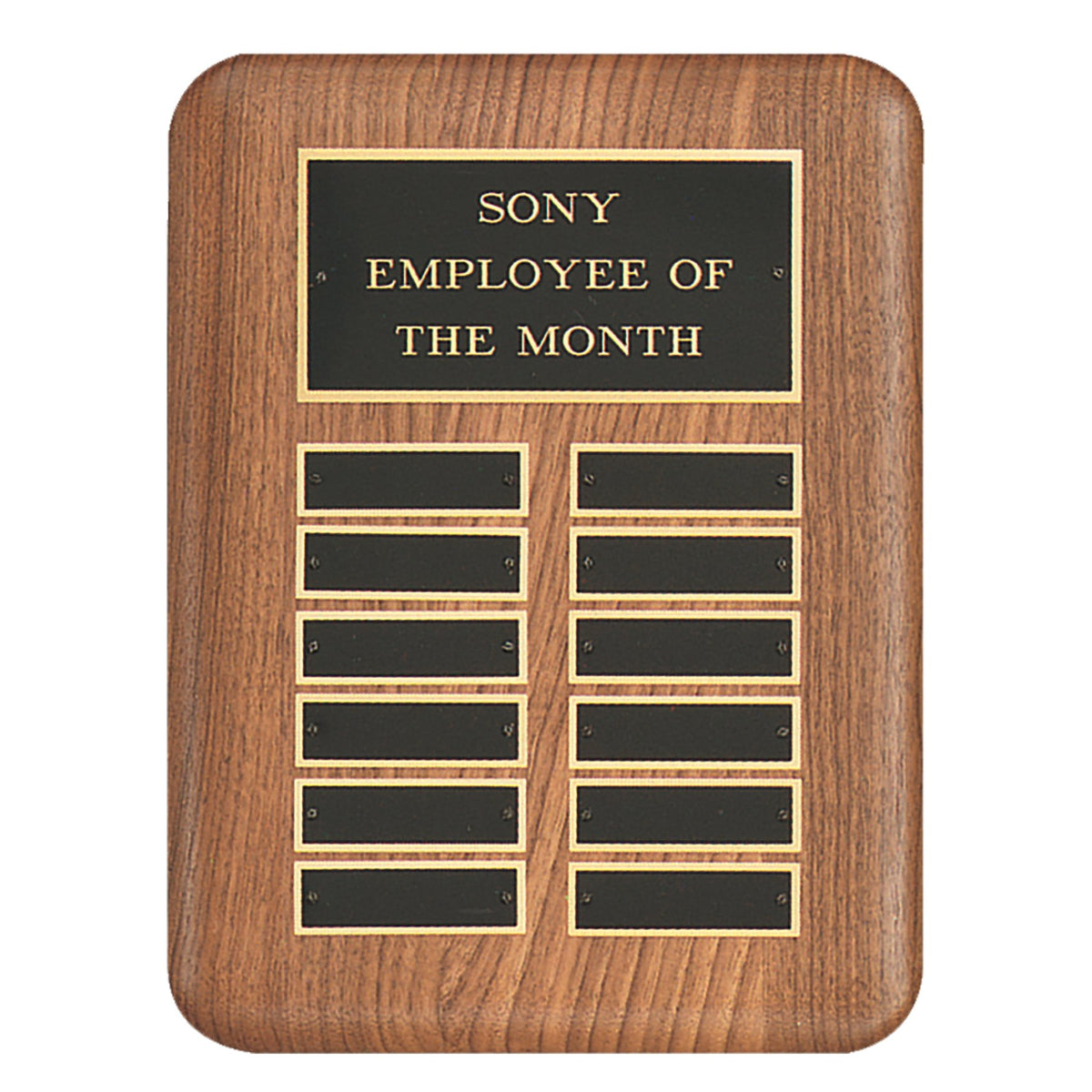 Engraved American Walnut Perpetual Plaque with Black Brass Header Plate - 9 x 12 in / 12 (7/8 x 2 3/4 in plates)