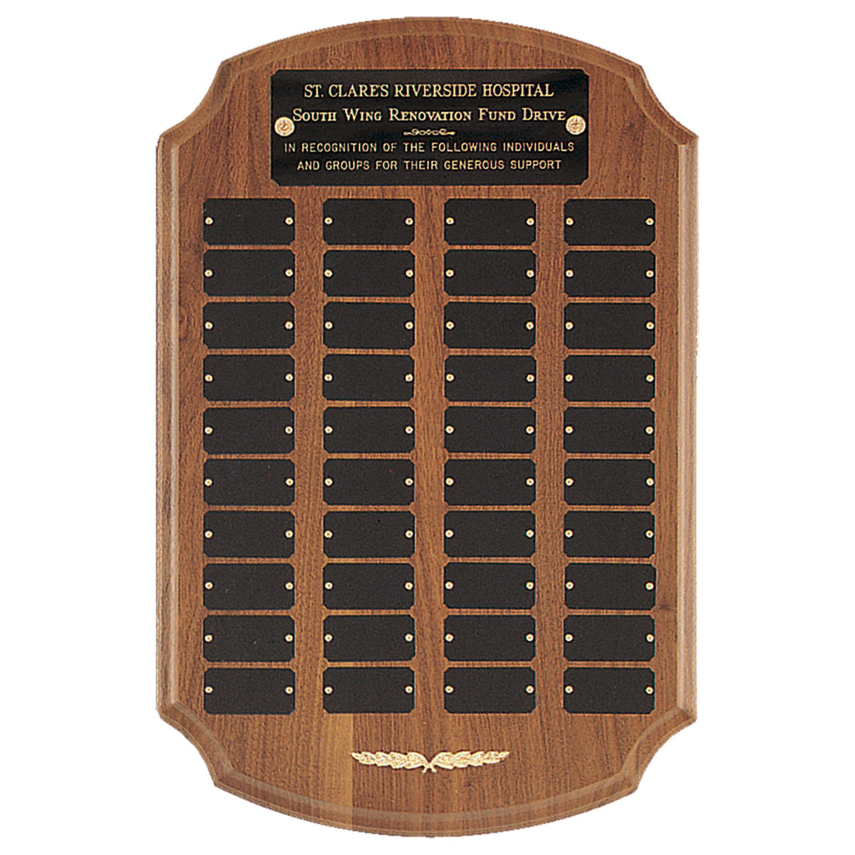 Engraved American Walnut Perpetual Plaque with Black Brass Plates and Gold Trim - 12 x 18 in (40 plates, 1 x 2 in)
