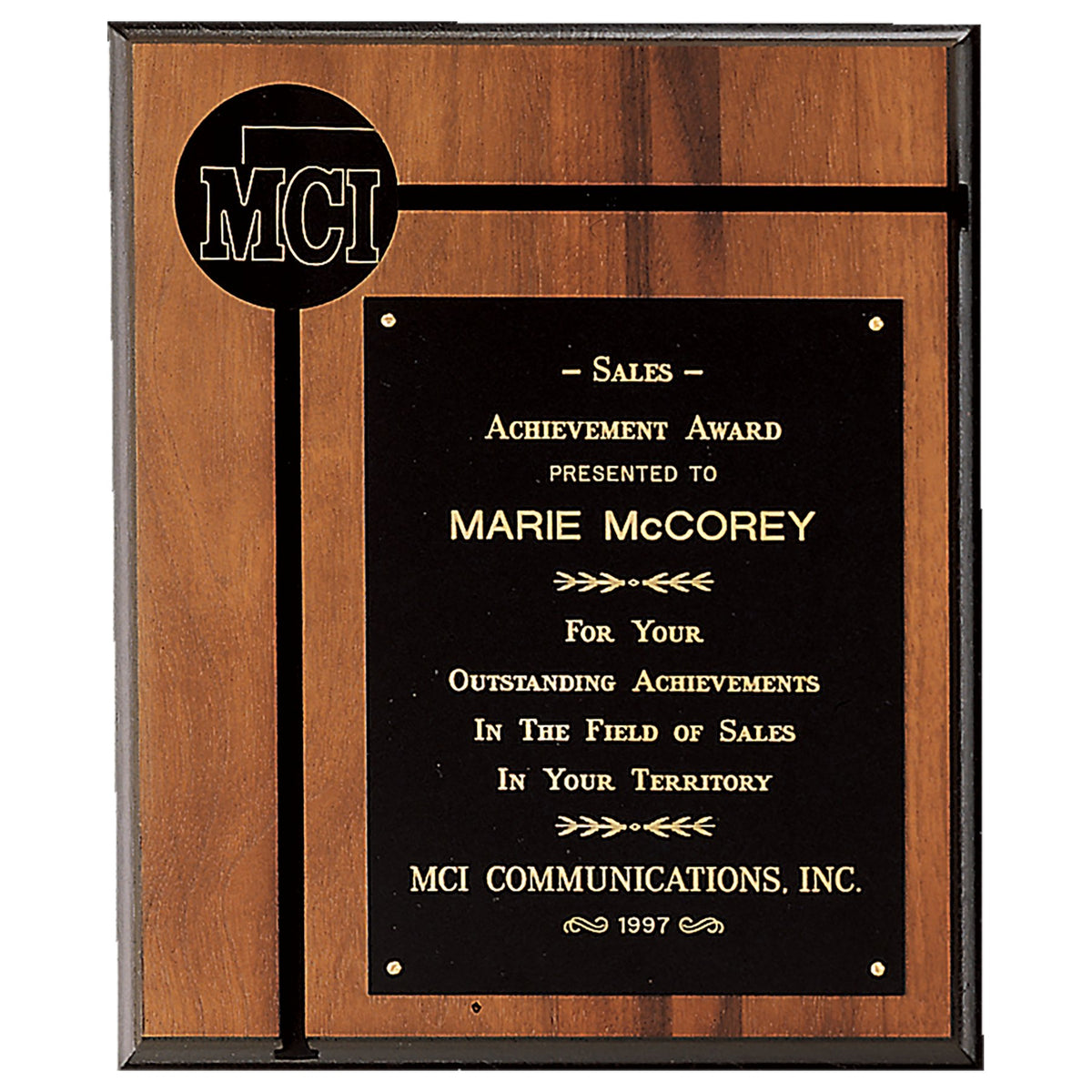 Engraved American Walnut Routed Plaque with Black Brass Plate and 2 1/2 in Black Brass Disc - 12 x 14 in