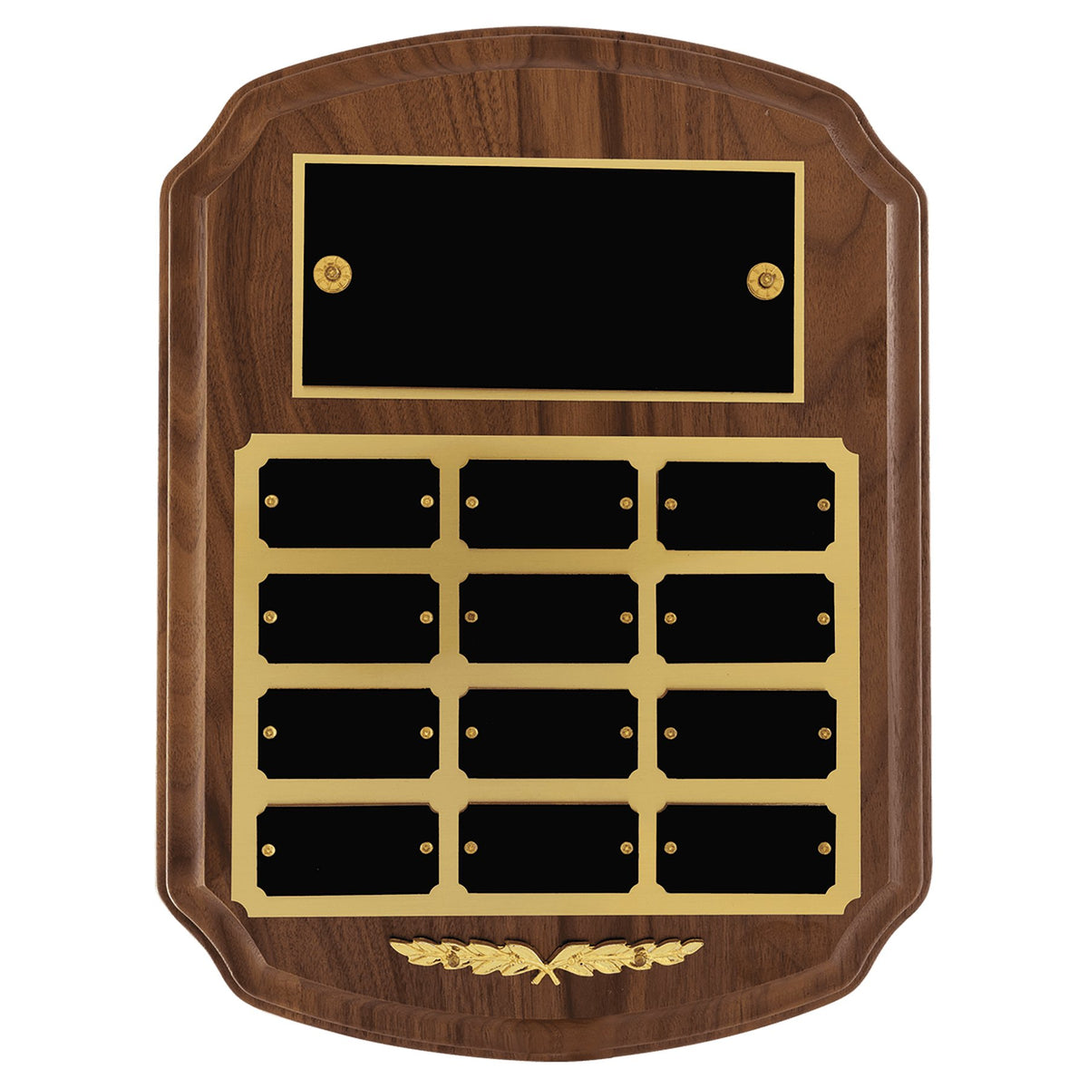 Engraved American Walnut Perpetual Plaque with Black Brass Plates and Gold Trim - 9 x 12 in (12 plates, 1 x 2 in)