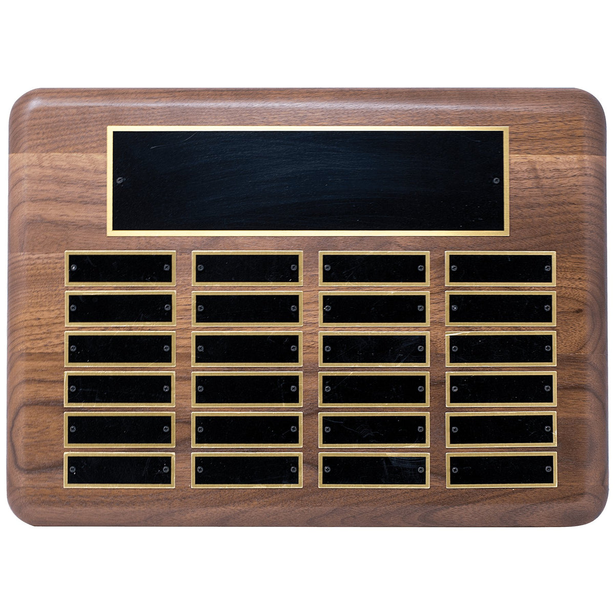 Engraved American Walnut Perpetual Plaque with Black Brass Plated Steel Plates - 11 x 15 in (24 plates)