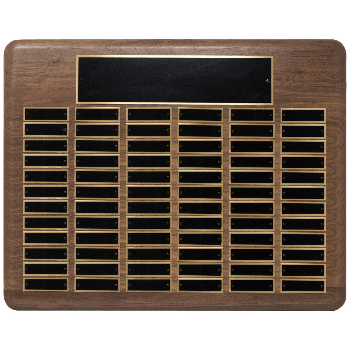 Engraved American Walnut Perpetual Plaque with Black Brass Plated Steel Plates - 22 x 30 in (72 plates)